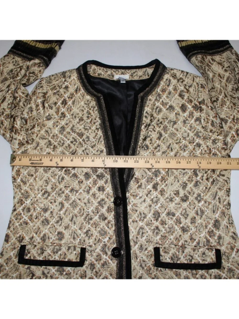 Chicos Jacket Sz 2 Tan Black Buttons Pockets Rayon Polyester Metallic Jacket - Picture 9 of 10